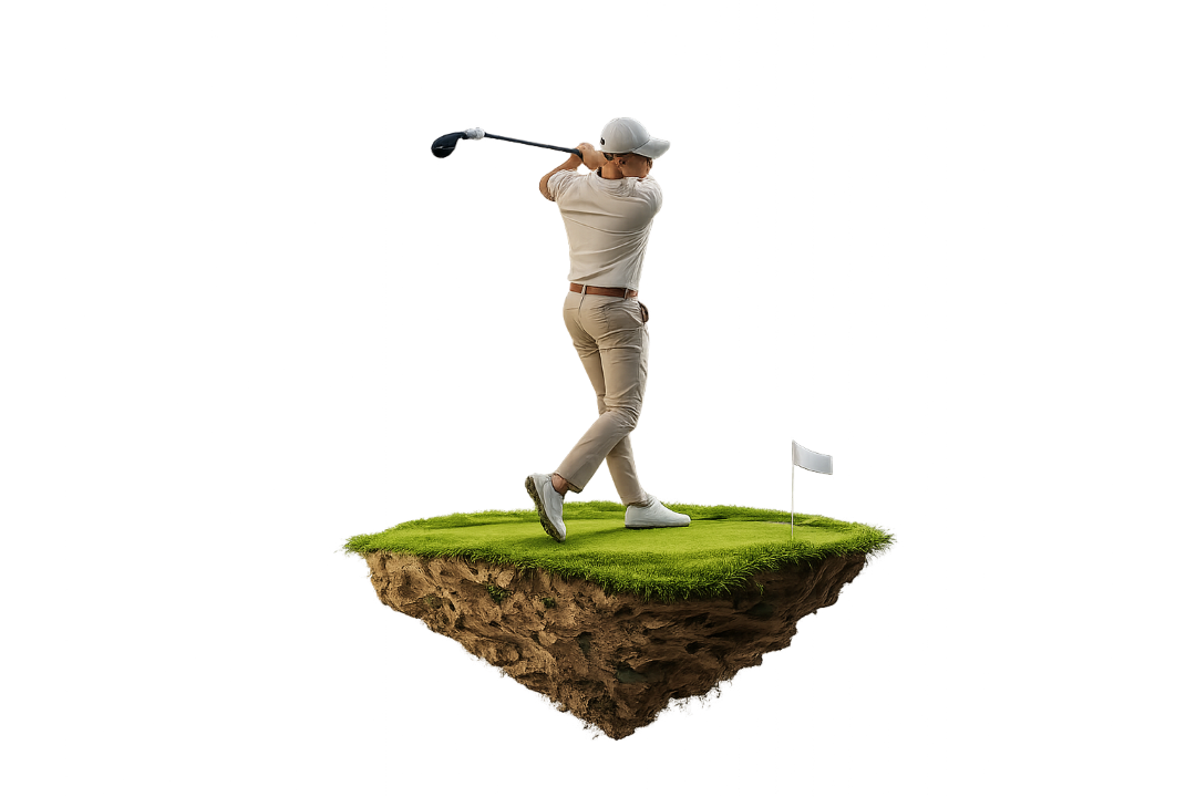 Golfer mid-swing on floating island